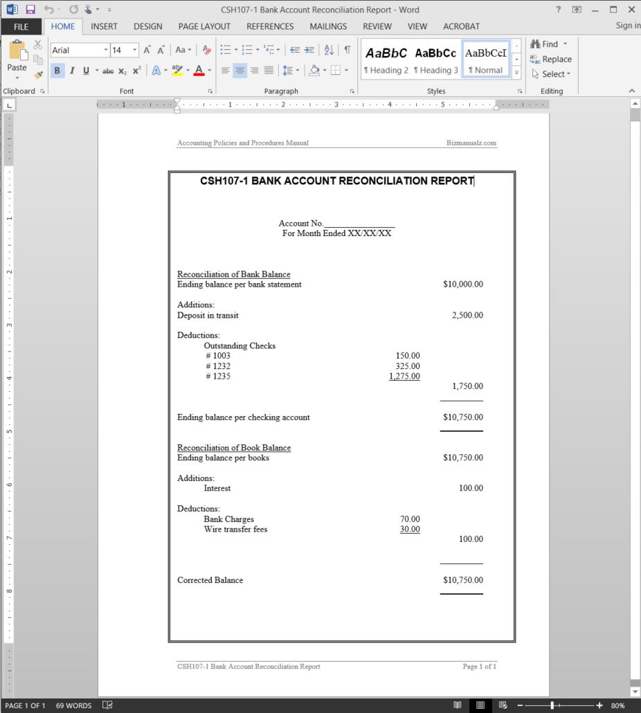 Bank Account Reconciliation Report Template