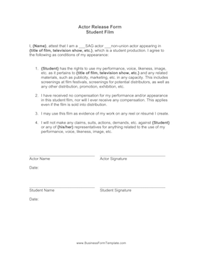 Student Film Actor Release Form Template