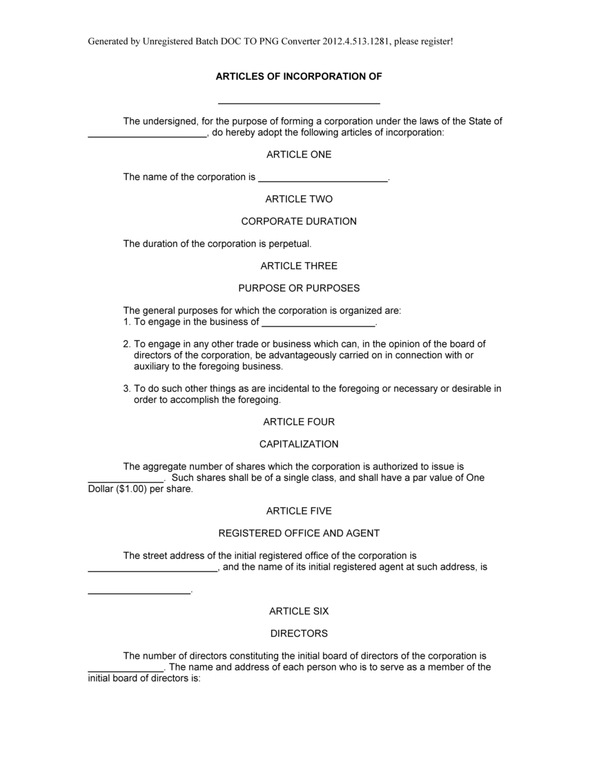 Sample Articles of Incorporation form, Blank Articles of 