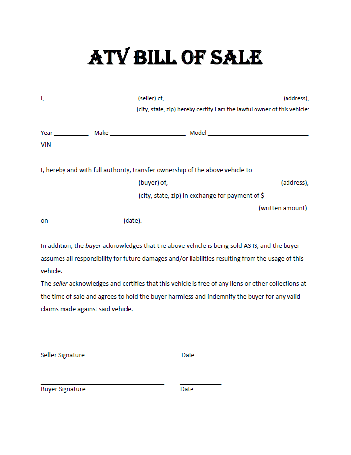 ATV Bill of Sale Form   9 Free Templates in PDF, Word, Excel Download