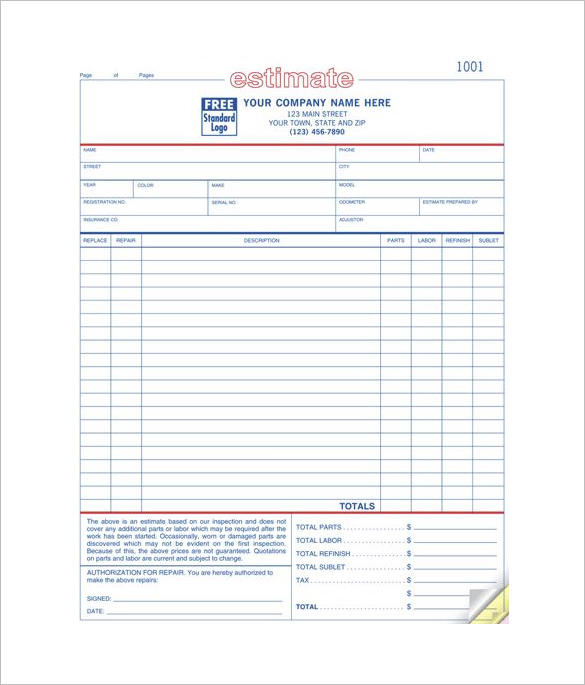Shop Repair Estimate Car Estimate Template | Chakrii Shop Repair Estimate Car Estimate Template | Chakrii