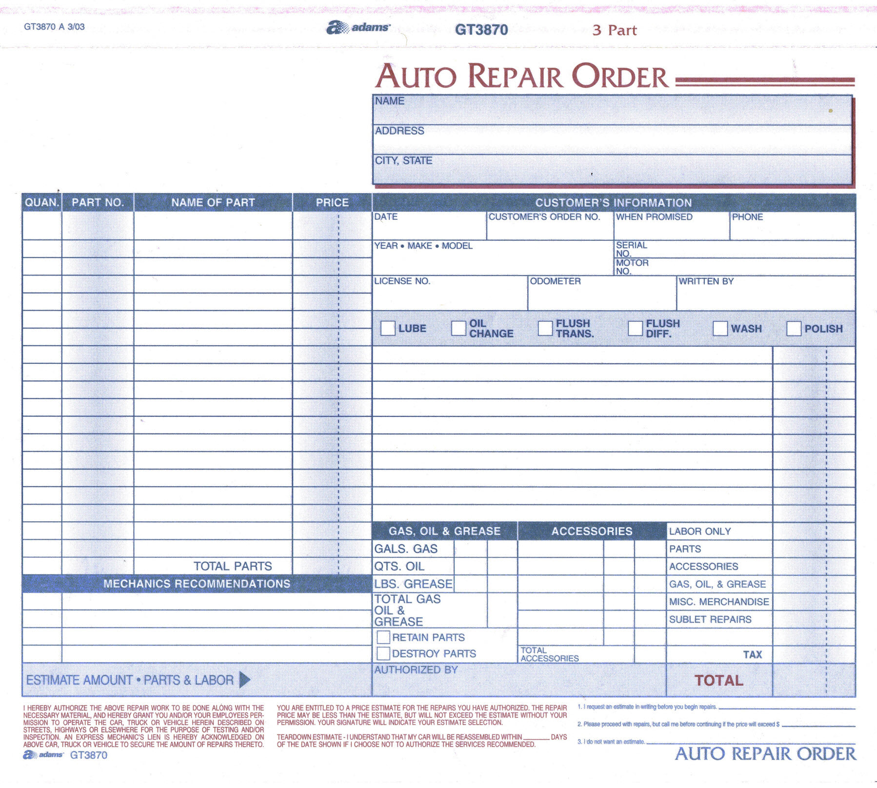 Work Order Forms Auto Repair With Carbon 3 Part 8 12 x 7 Box Of 