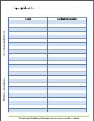 Free Printable Blank Sign up Sheet (PDF File) | K 12 Education and 