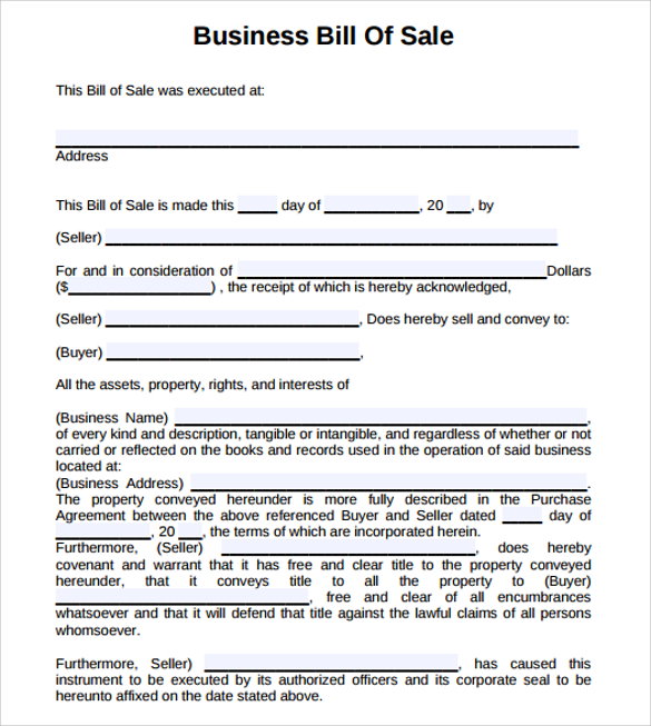 6+ Sample Business Bill of Sale Form | Sample Templates