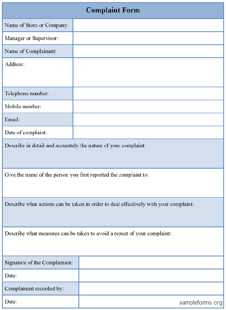 sample complaint form template