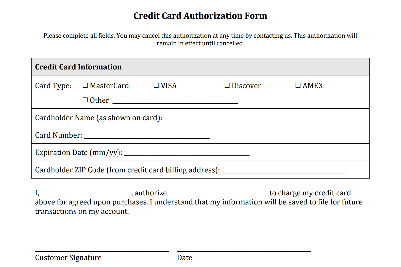 Authorization For Credit Card Use   Free Authorization Forms