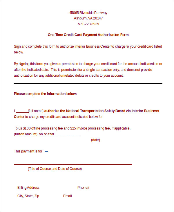 Download One Time Credit Card Payment Authorization Form Template 