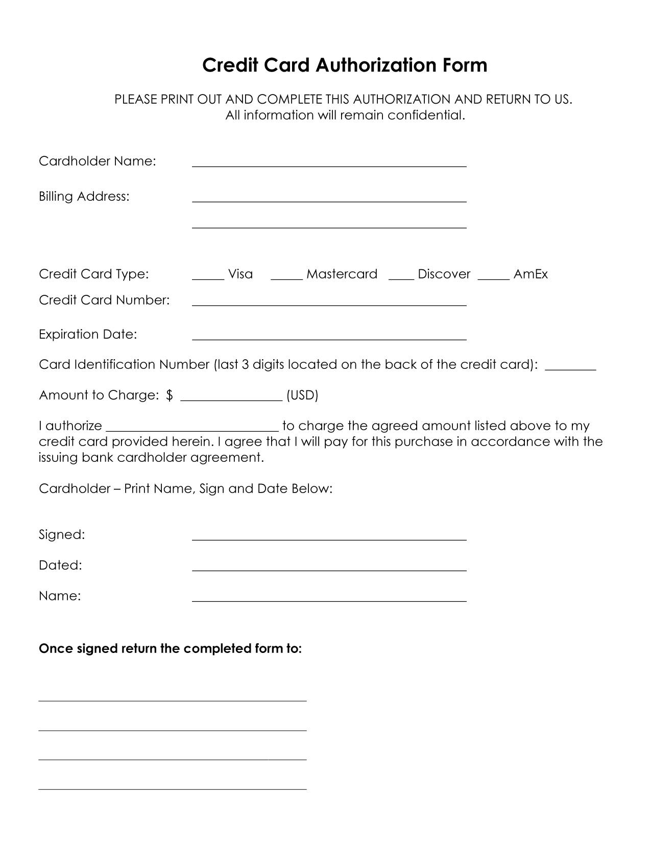 Credit card authorization forms from Service Related. Generic 