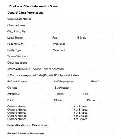 business customer information sheet template client information 