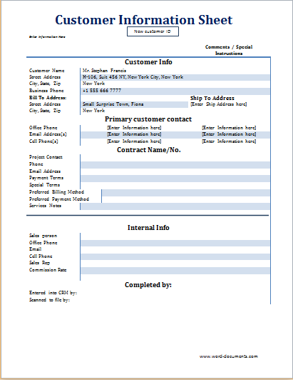 customer information form template excel customer information 
