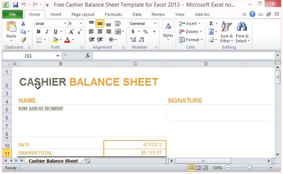 Free Cashier Balance Sheet Template for Excel 2013