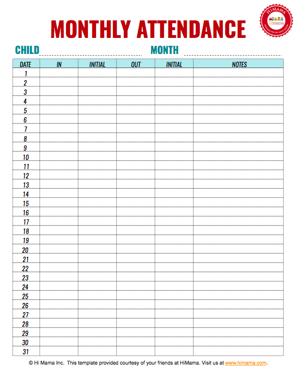 HiMama   Daycare Sign In Sheet Template: Child Care Attendance Form