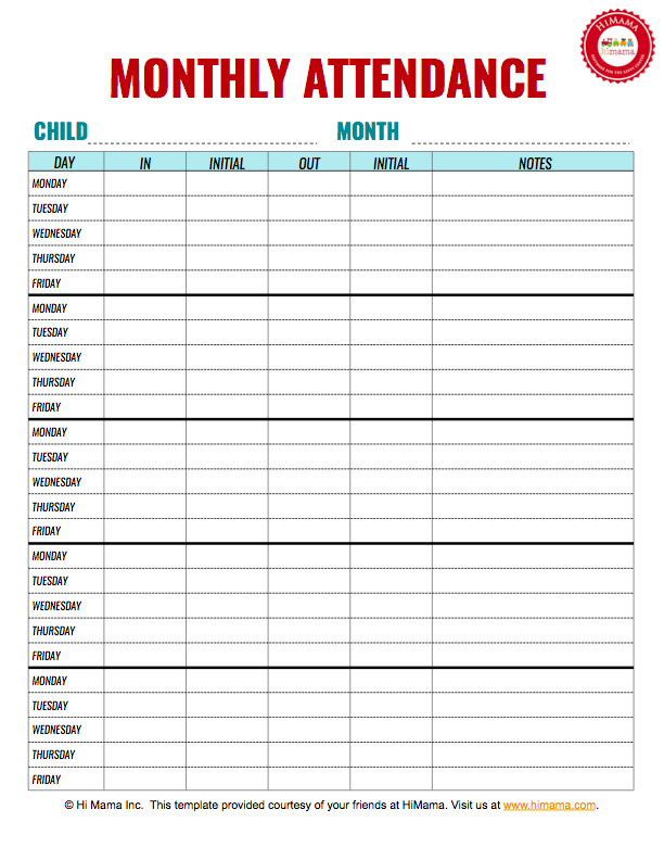 Child Care Sign In Sheet Template