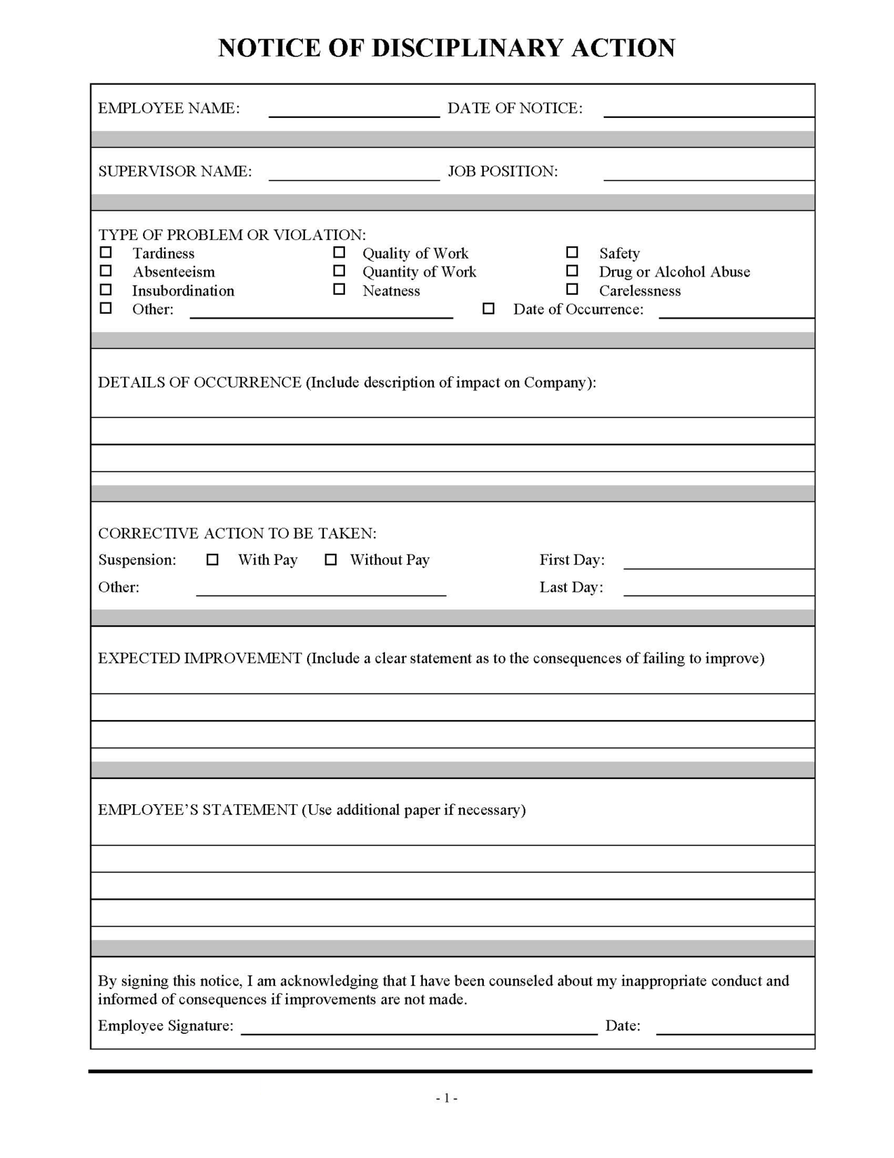 employee disciplinary form template employee discipline form 