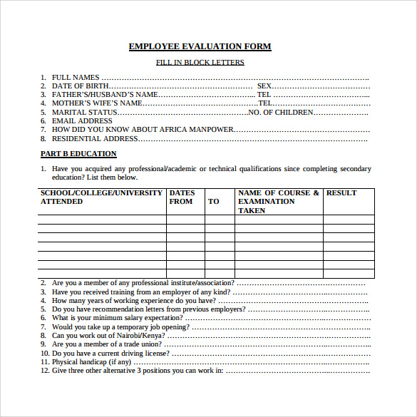 employee evaluation form template employee evaluation form example 