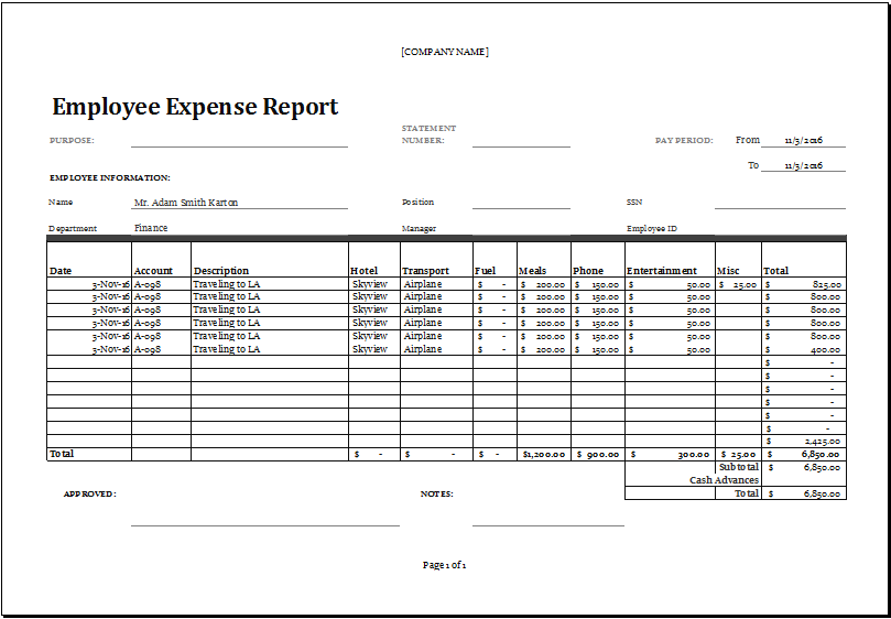 Excel Employee Expense Report Templates | Excel Templates