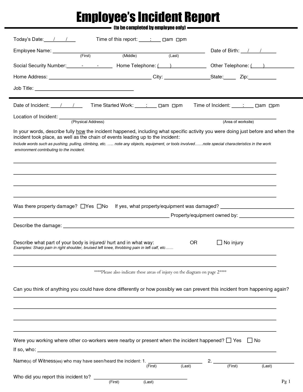 employee injury report form template free blank employee incident 