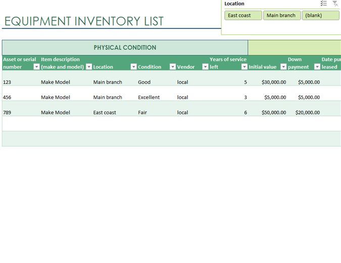 Equipment inventory list