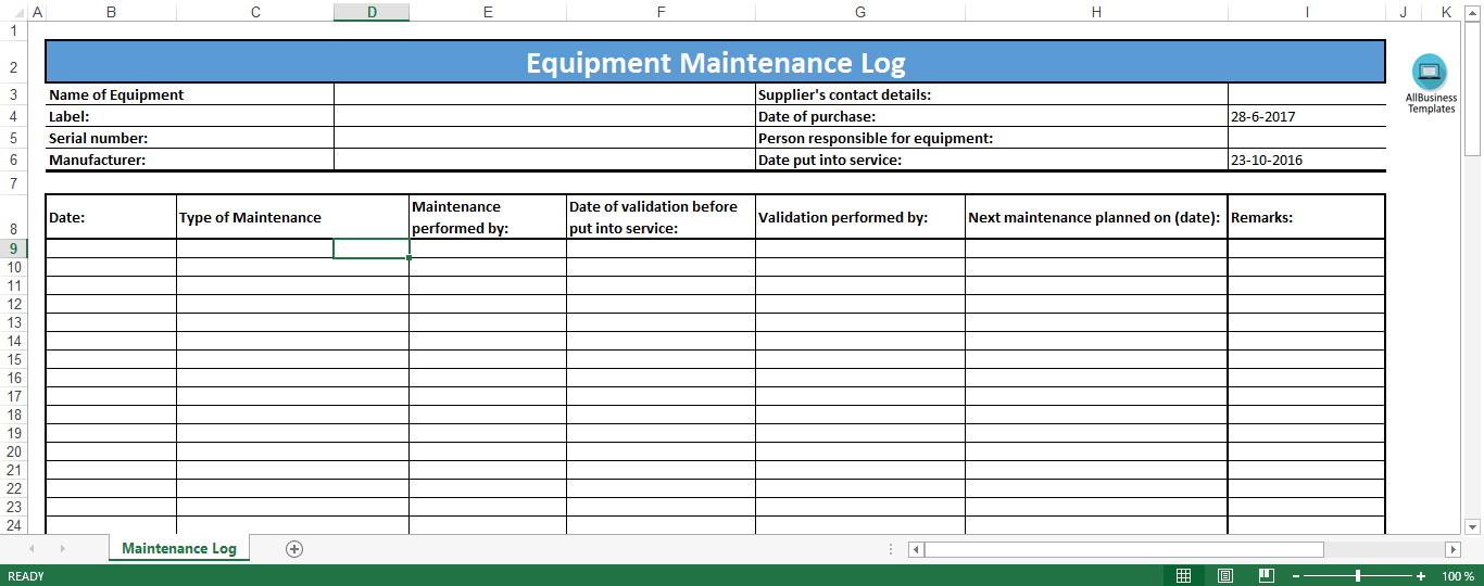 Free Equipment Maintenance Log Excel template | Templates at 