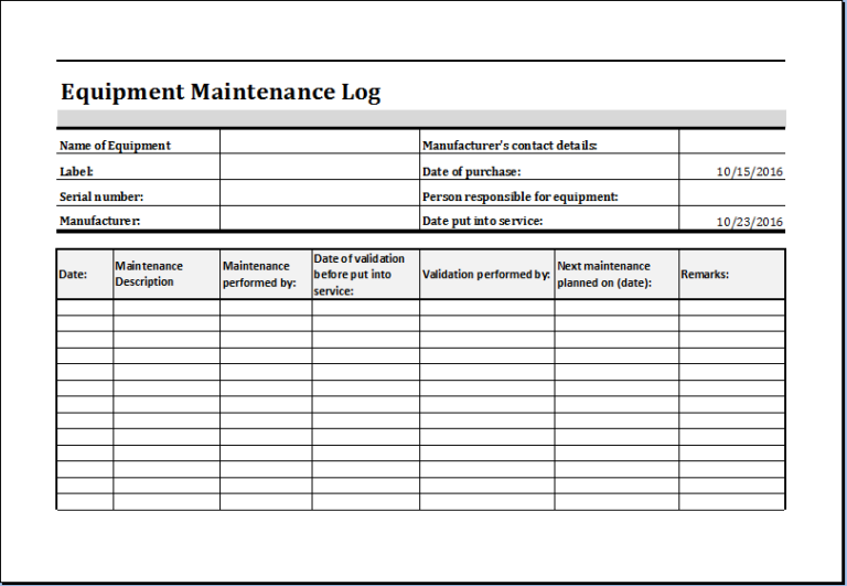 equipment repair log template excel   Tier.brianhenry.co