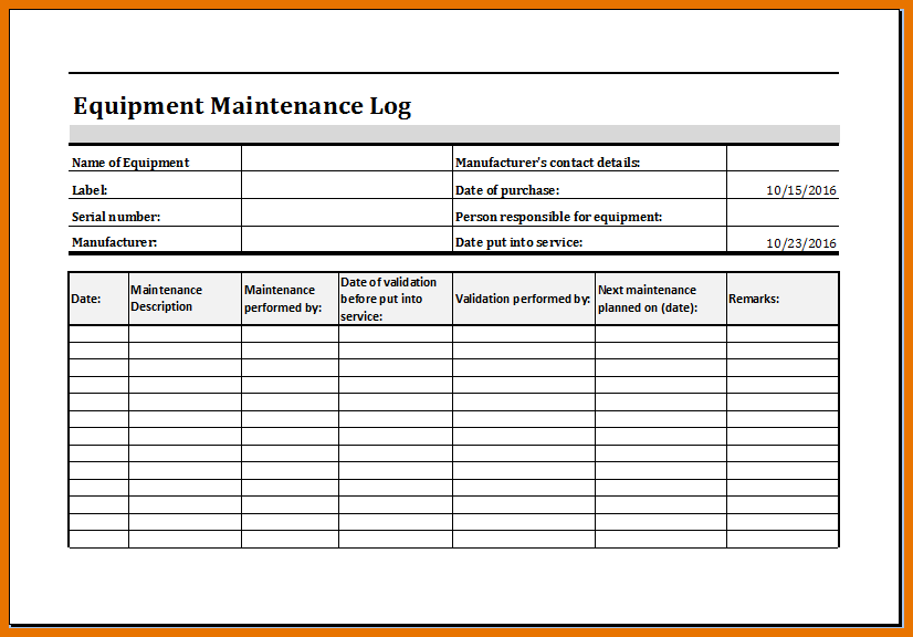 equipment maintenance log template excel   Tier.brianhenry.co