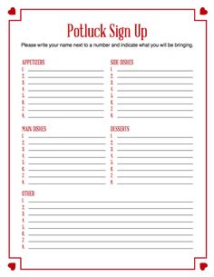 Free printable Potluck Sign Up Sheet (PDF) from Vertex42.