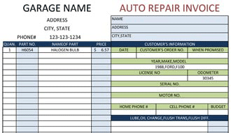 Garage Repair Order Template