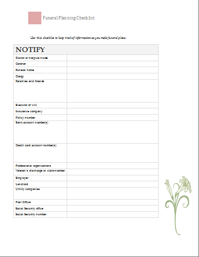 Funeral Planning Checklist Template | Document Templates