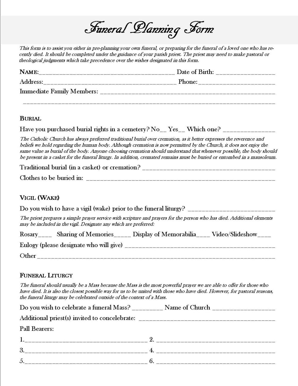 Funeral Planning Form   Fill Online, Printable, Fillable, Blank 