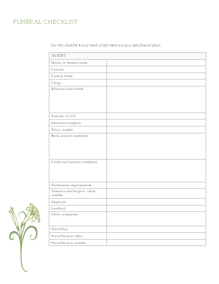 funeral planning checklist form   Fill Out Online, Download 
