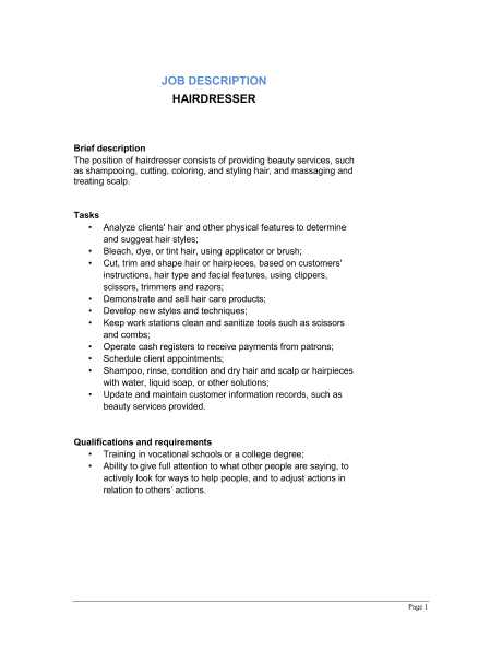 Hairdresser Job Description   Template & Sample Form | Biztree.com