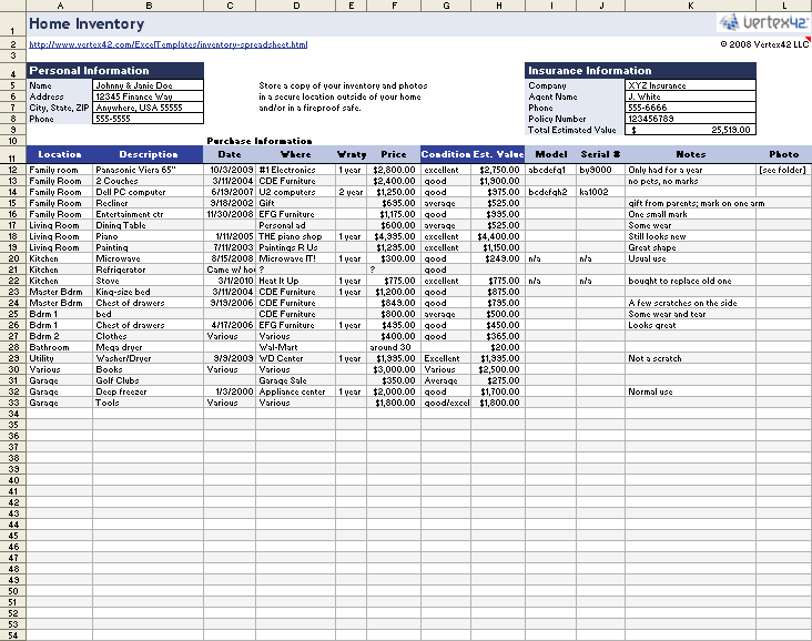 Free Home Inventory Spreadsheet Template for Excel