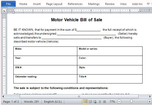 microsoft office bill of sale template motor vehicle bill of sale 