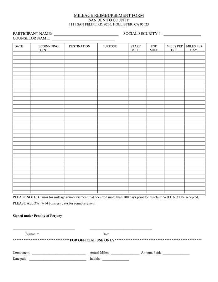 mileage reimbursement form template sample mileage reimbursement 