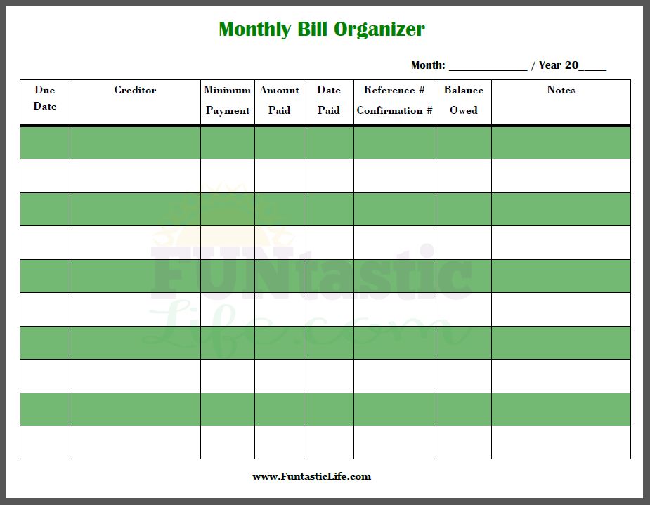 FREE Printable Monthly Bill Organizer   Funtastic Life