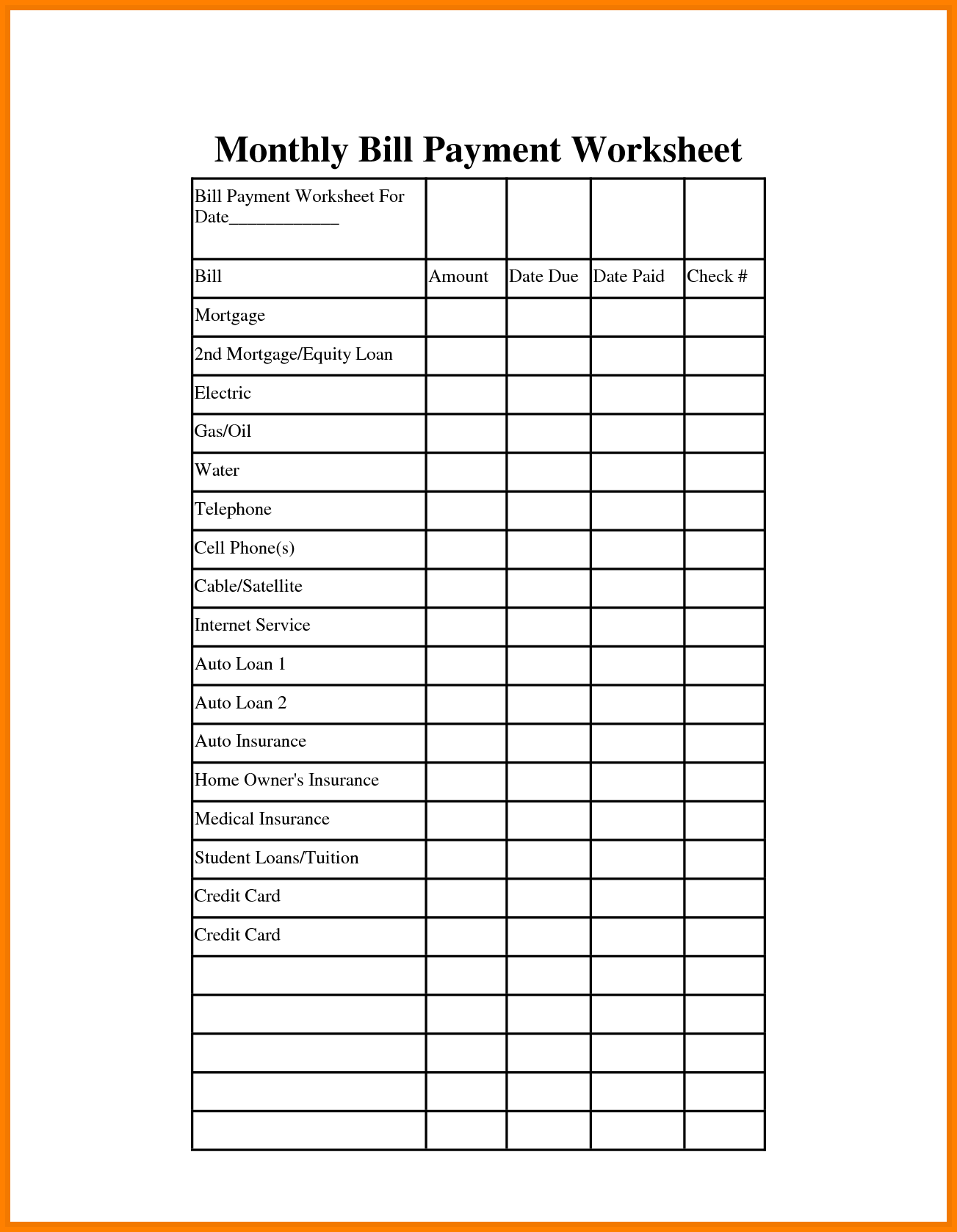Remarkable Monthly Bill Organizer And Payment Schedule Template 