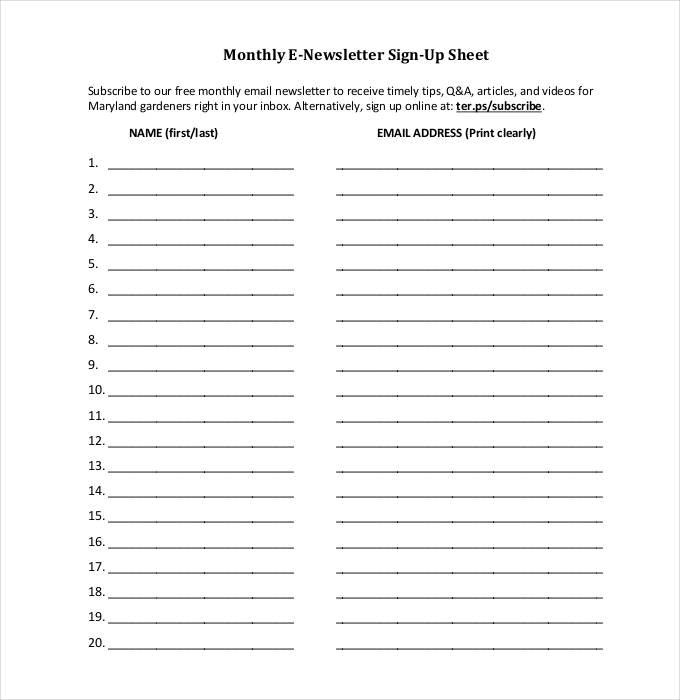 Sign up sheet template delux imagine monthly e newsletter 