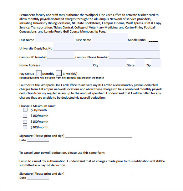 payroll authorization deduction form template wage deduction 