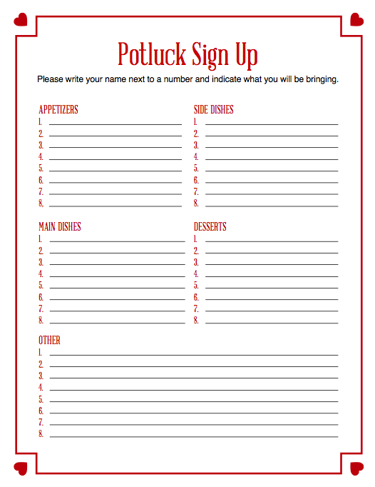 Potluck Sign Up Sheet Forms and Templates   Fillable & Printable 