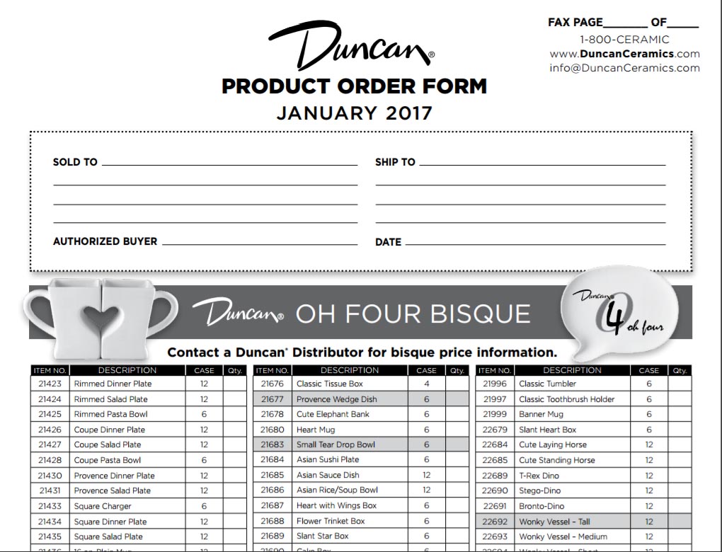 Duncan Customer Products Order Form