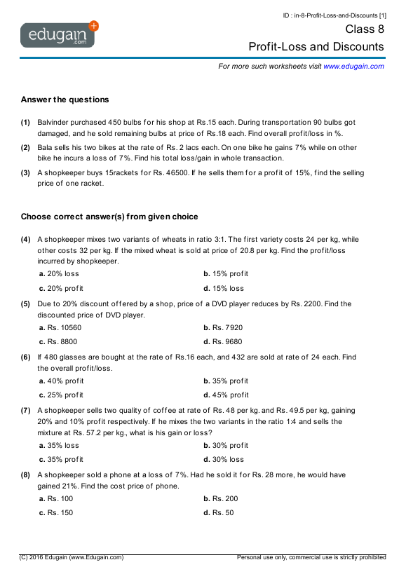 Profit And Loss Worksheet Brilliant Worksheet On Profit And Loss 