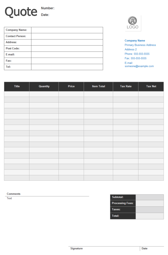 Price Quote Form | Free Price Quote Form Templates