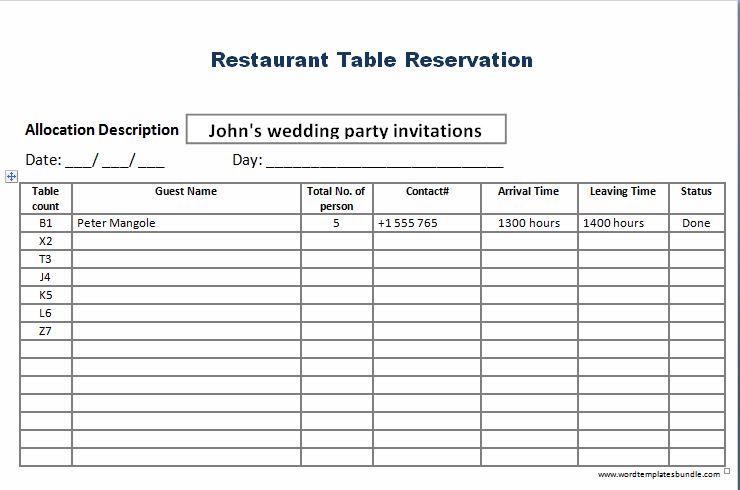 Restaurant Reservation List Template