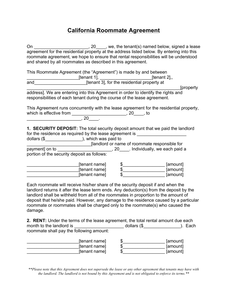 Free California Roommate (Room Rental) Agreement   Word | PDF 