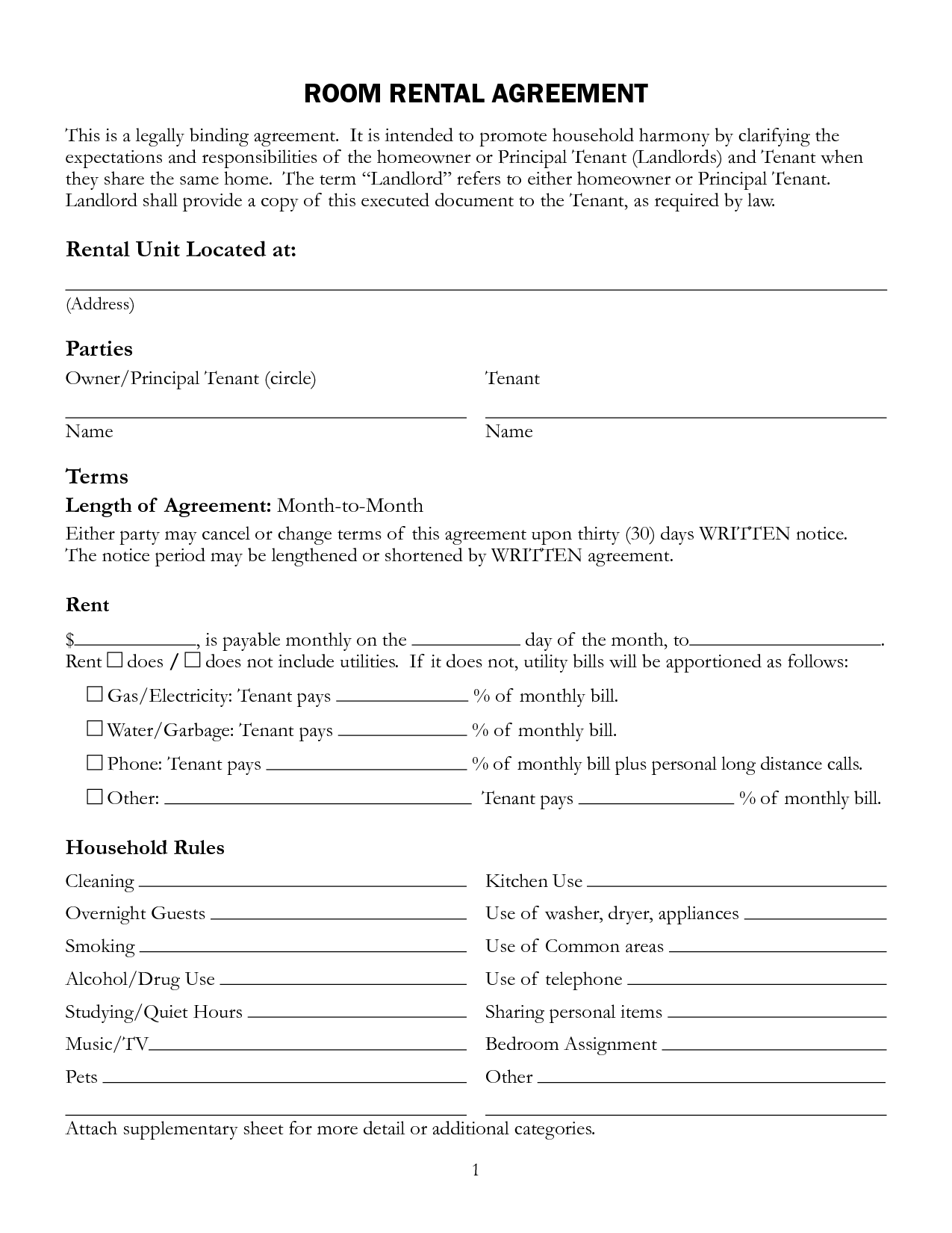 Interesting Room Rental Lease Agreement Form Template with Unit 