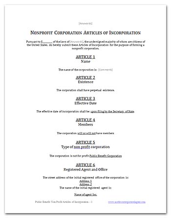 Articles of Incorporation Worksheet   Articles of Incorporation 