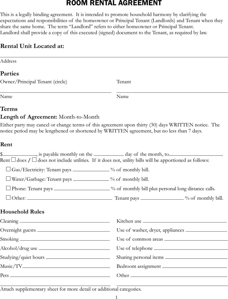 free templates of written room lease agreement room rental 