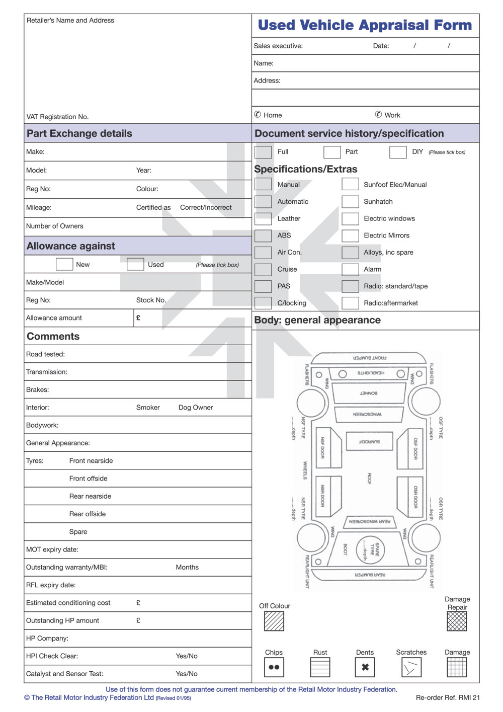 RMI021   Used Vehicle Appraisal Form Pad   RMI Webshop