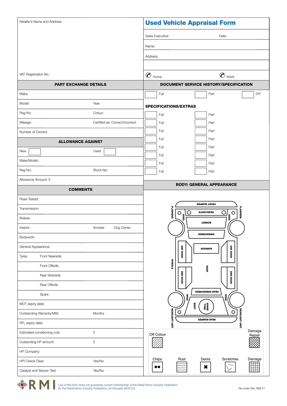 RMI021P   Used Vehicle Appraisal Form Pad   RMI Webshop