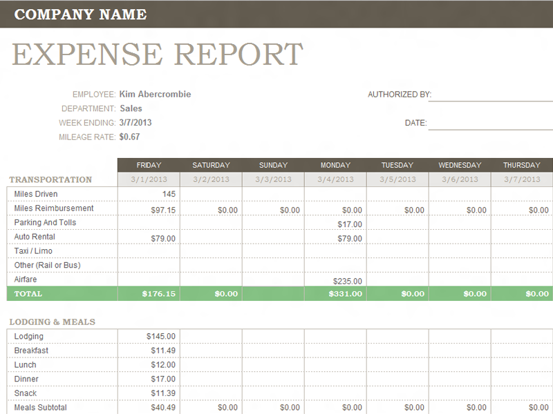Weekly expense report for Microsoft Excel